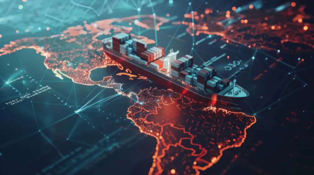 Navio porta-contêineres navegando sobre um mapa digital da América do Sul, com conexões e dados em destaque, simbolizando logística internacional, visibilidade de cargas e estratégias para redução do custo do frete na importação e exportação.