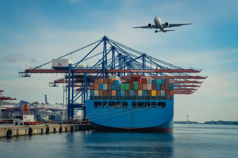 Navio porta-contêineres em terminal portuário com guindastes e avião ao fundo, representando Incoterms e transferência de risco no frete internacional.